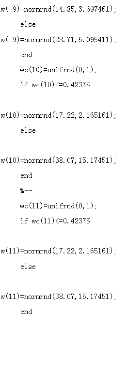 文本框: w( 9)=normrnd(14.85,3.697461);
else
w( 9)=normrnd(28.71,5.095411);
end
wc(10)=unifrnd(0,1);
if wc(10)<=0.42375
w(10)=normrnd(17.22,2.165161);
else
w(10)=normrnd(38.07,15.17451);
end
%--
wc(11)=unifrnd(0,1);
if wc(11)<=0.42375
w(11)=normrnd(17.22,2.165161);
else
w(11)=normrnd(38.07,15.17451);
end
